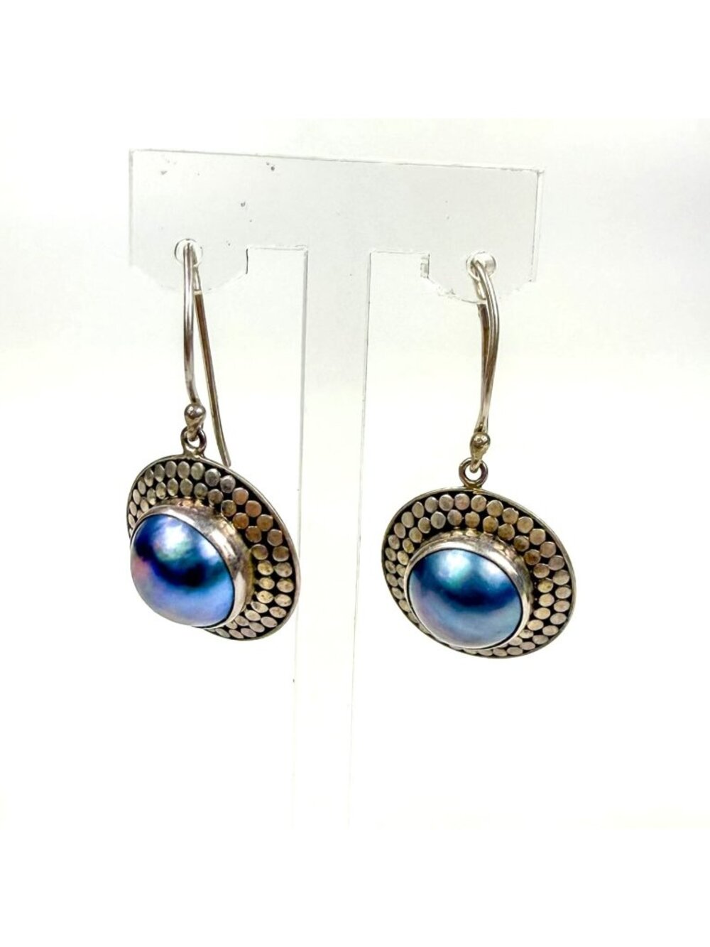 Sterling Silver Blue Pearl Round Fish Hook Dangle Textured Dotted Earrings